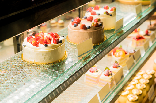 Cakes displayed in a cafe in Kyoto, Japan