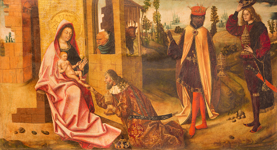 Avila, Spain - April 18, 2016: Avila -  The Painting of Three Magi scene in Catedral de Cristo Salvador by unknown artis of 16. cent.