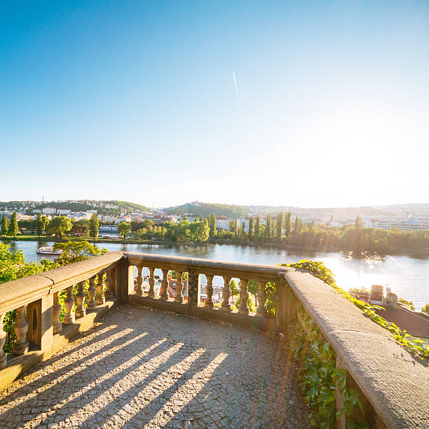 View to the Vltava river from Vysehrad terrase, Prague View to the Vltava river from Vysehrad terrase, Prague prague skyline panoramic scenics stock pictures, royalty-free photos & images