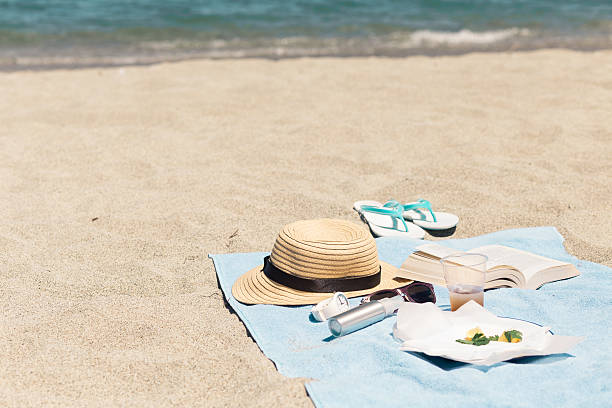 istock Beauty products for a day on the beach with book 541974448