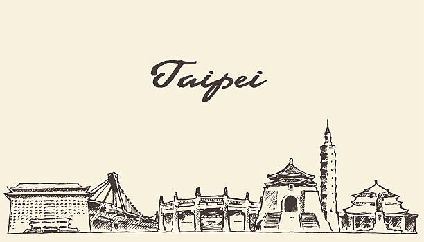 тайбэй линия горизонта векторный рисунок обращается эскиз - backgrounds cityscape taipei taiwan stock illustrations