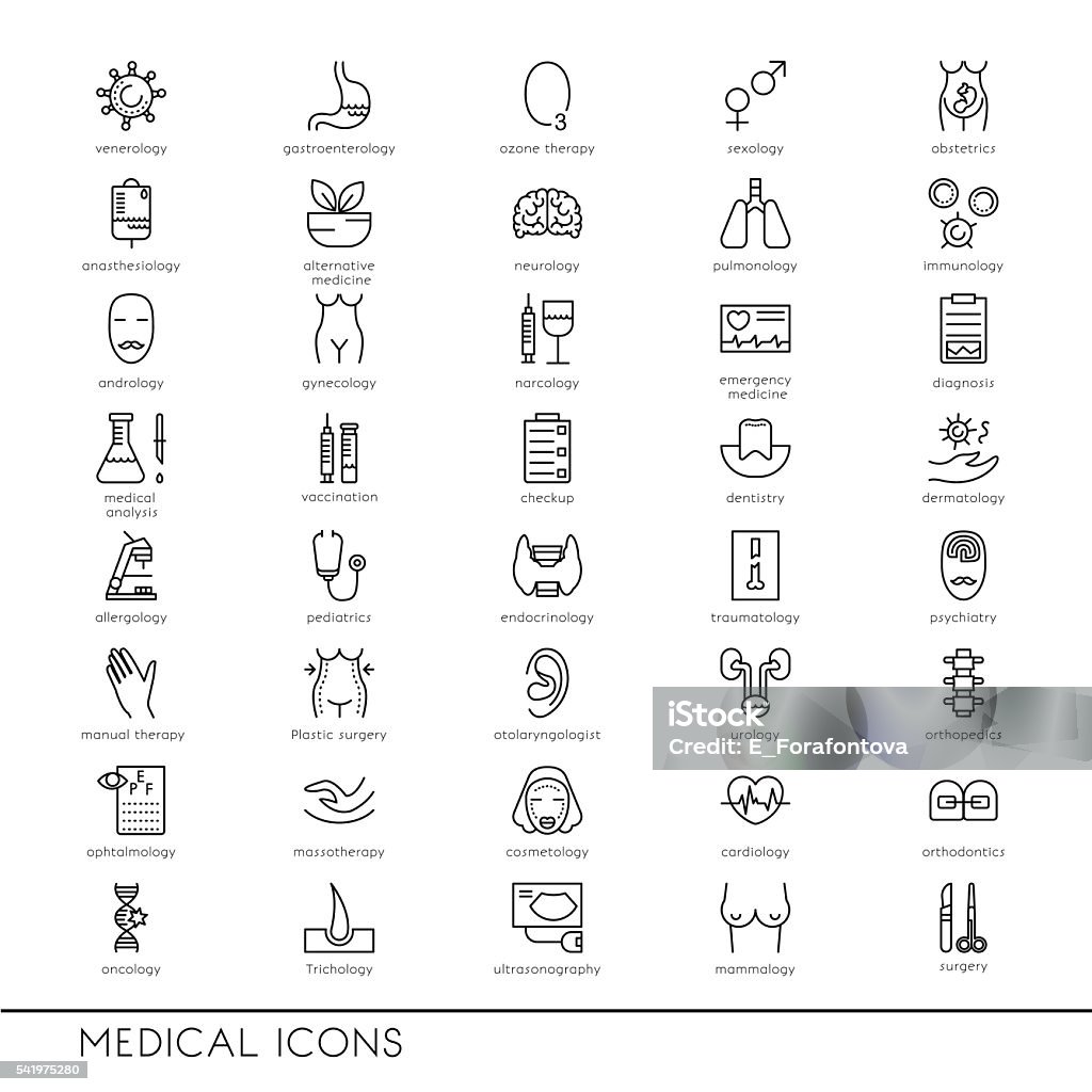 Vector line icons with medical symbols specialization. Medical professions. Vector line icons with medical symbols specialization. Medical professions. Line icons of narcology, cosmetology, obstetrics, medical testing and other. Medical Exam stock vector
