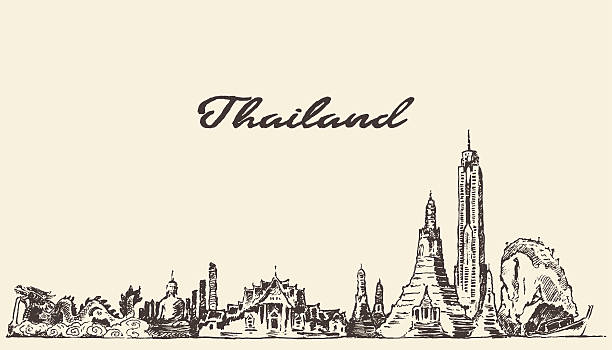 illustrazioni stock, clip art, cartoni animati e icone di tendenza di orizzonte della thailandia vettoriale schizzo disegnato a mano libera - thailand thai culture travel buddha