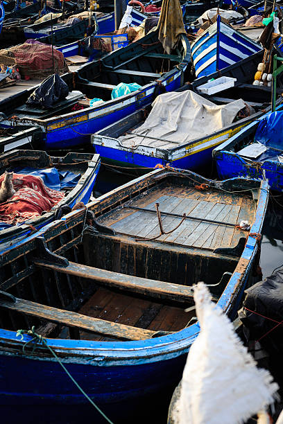 colorful, traditional fishing boats in the port of Agadir, Marocco
