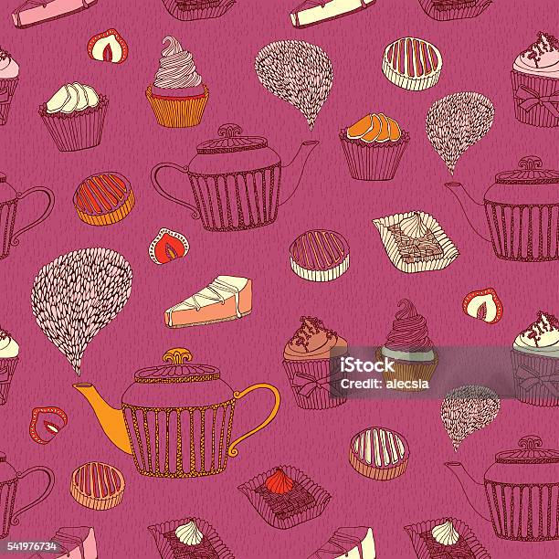 Tea And Sweets Seamless Doodle Pattern Stock Illustration - Download Image Now - Invitation, Tea Party, Afternoon Tea