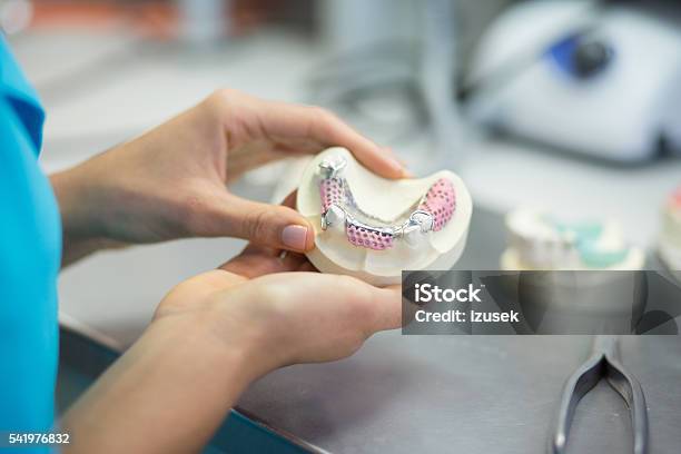 Prosthodontic Lab Focus On Hands Holding Dentures Stock Photo - Download Image Now - Dental Health, Dental Equipment, Prosthetic Equipment