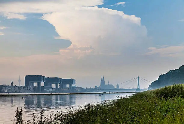 Skyline of Cologne Cathedral, Rheinauharbor and the Severinsbridge. View from Deutz. 