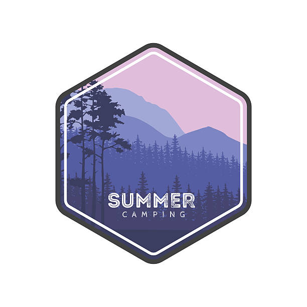 Summer camping label. Conifers panorama. Summer camping label. Hiking family vacation in the mountains and forest. Conifers panorama. Tourism Trips banner hiking designs stock illustrations