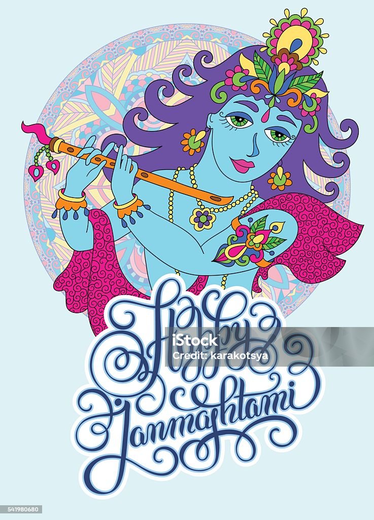 god lord Krishna with hand lettering inscription happy janmashtm god lord Krishna with hand lettering inscription happy janmashtmi for indian festival, vector illustration Blue stock vector