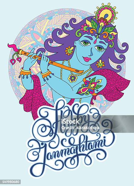 God Lord Krishna With Hand Lettering Inscription Happy Janmashtm Stock Illustration - Download Image Now