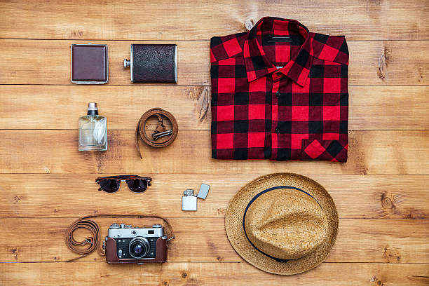 istock Travel concept shirt, camera, hat, flask, lighter, eyeglasses, b 541984690