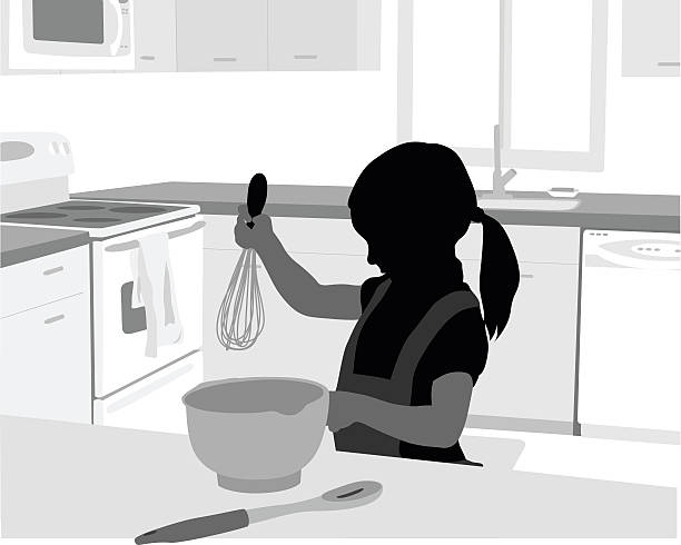 Learning To Cook A vector silhouette illustration of a young girl cooking. She holds a beather over a bowl while wearing and apron and pony tail with a slotted spoon on the coutner next to the bowl standing in a domestic kitchen. kitchen silhouettes stock illustrations