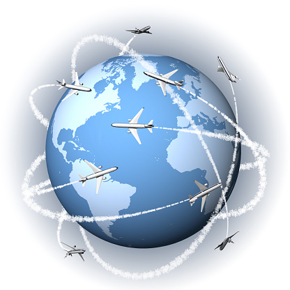 Airplanes traveling around the world to reach each destination.
