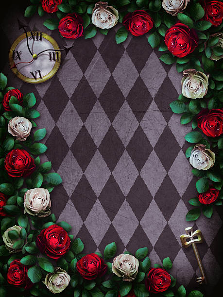 Alice in Wonderland. Red  roses and white roses Alice in Wonderland. Red  roses and white roses on  chess background. Clock and key. Wonderland background. Rose flower frame. Illustration fairy rose stock pictures, royalty-free photos & images