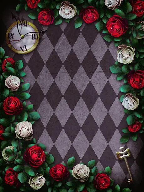 Alice in Wonderland. Red  roses and white roses on  chess background. Clock and key. Wonderland background. Rose flower frame. Illustration