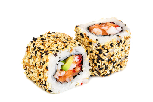 Uramaki maki sushi, two rolls isolated on white. Philadelphia cheese, crab meat, salmon, tobiko, avocado and sesame