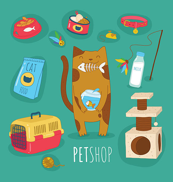 Funny cat set Funny set of cat life icons. Cat food and toys. Vector illustrations. pet toy stock illustrations