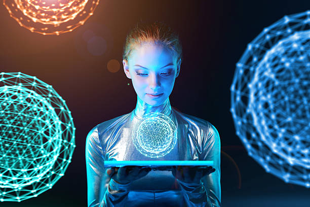 istock Cyber woman holding lighting panel with glowing polygonal abstract sphere 541995854
