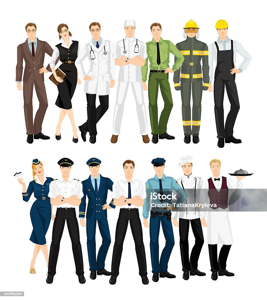 Group of professional people in uniform. Group of professional people in uniform. Teacher, librarian, doctor, surgeon, military man, firefighter, worker, stewardess, pilot, businessman, police officer, cook chef, waiter. Firefighter stock vector