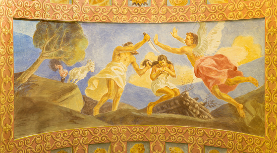 Rome, Italy - March 10, 2016: Rome - The fresco The Sacrifice of Isaac (1957-1965) in church Basilica di Santa Maria Ausiliatrice by the Salesian Don Giuseppe Melle.