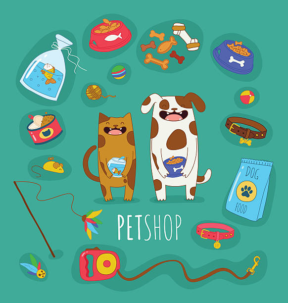 Funny set of dog and cat Funny set of dog and cat life icons. Pets food and toys. Vector illustrations. pet toy stock illustrations
