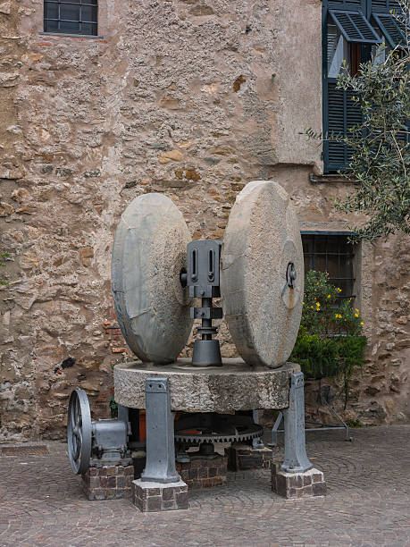 albenga (itália). mós para apertar azeitonas para a produção de azeite - italy albenga liguria tower imagens e fotografias de stock