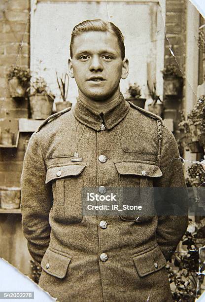 English Soldier Portrait Of Young Man 1940th Vintage Photo Stock Photo - Download Image Now