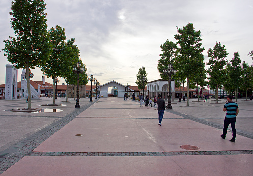 Almagro, Spain - October 11, 2021: Main Square of Almagro, in the province of Ciudad Real, Spain. This town is a tourist destination and is designed as Historic-Artistic Grouping
