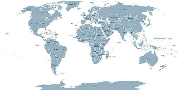 World Political Map World political map. Detailed map of the world with shorelines, national borders and country names. Robinson projection, english labeling, grey illustration on white background. international border stock illustrations
