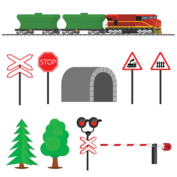 illustrations, cliparts, dessins animés et icônes de chemin de fer feu trajet et de fourgons pour le transport de cuir pleine fleur. - railroad crossing train railroad track road sign