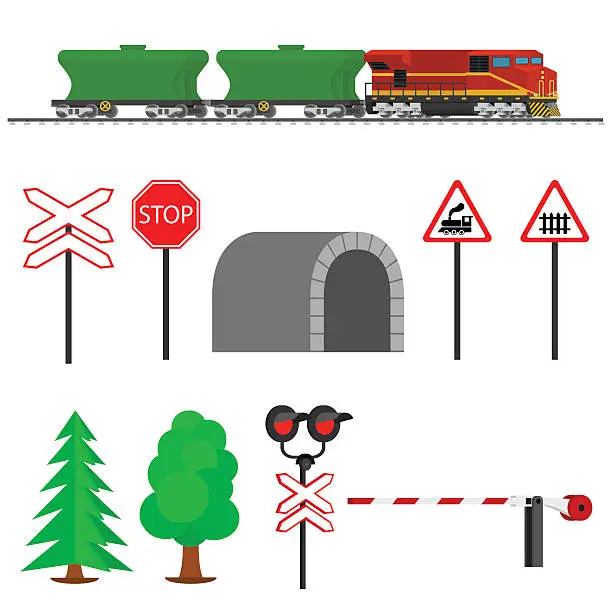 Vector illustration of Railroad traffic way and train wagons for transportation of grain.