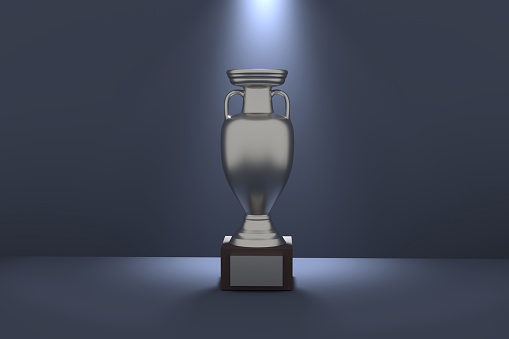 3D rendering of silver trophy on blue background