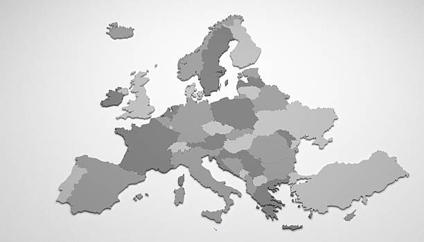 3D render of European map with countries colored in shades of gray, isolated on white, close up.