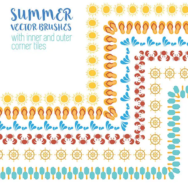 Vector illustration of Vector set of colored pattern brushes, summer time, beach theme.