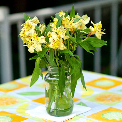 Close-up of a fresh cut Spring flowers in a Mason jar vase set upon a table. Selective focus on the foreground, with a shallow depth of field.