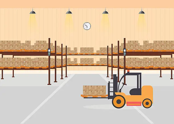 Vector illustration of Warehouse interior load boxes and pallet on shelves.