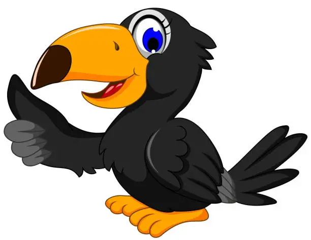 Vector illustration of cute black bird cartoon thumb up