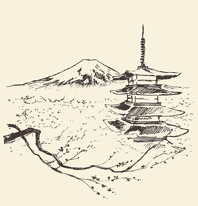 Illustration of Fuji mountain with pagoda and cherry blossoms