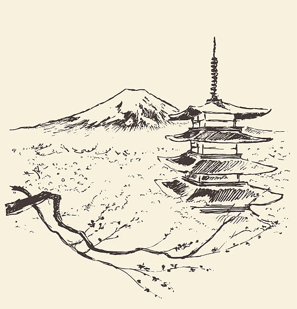 Japan Fuji mountain pagoda and cherry blossoms Illustration of Fuji mountain with pagoda and cherry blossoms japanese landscape stock illustrations