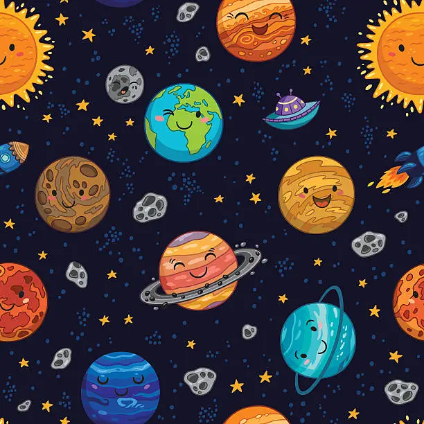 Vector illustration of Seamless space pattern background with planets, stars and comets.