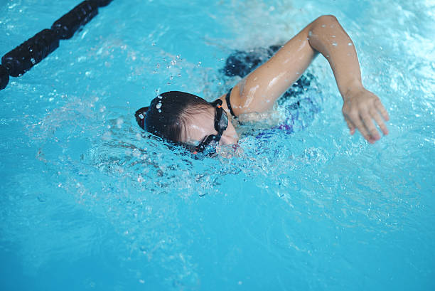 istock Woman with goggles swimming at water pool. 542074242