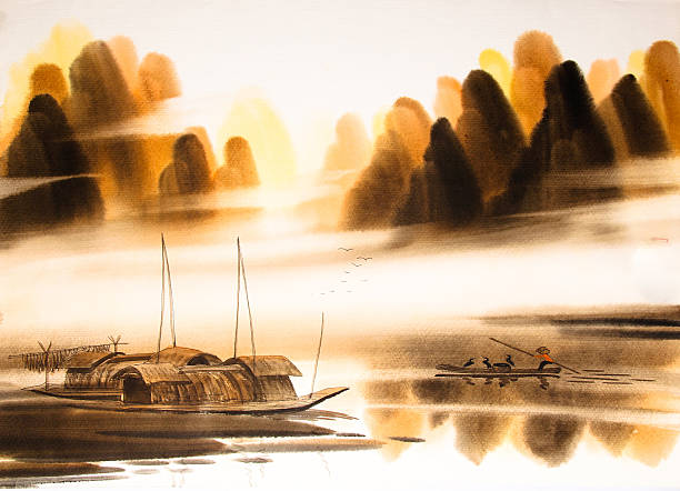 акварельной живописи китайский пейзаж - cloud cloudscape symbol ink стоковые фото и изображения