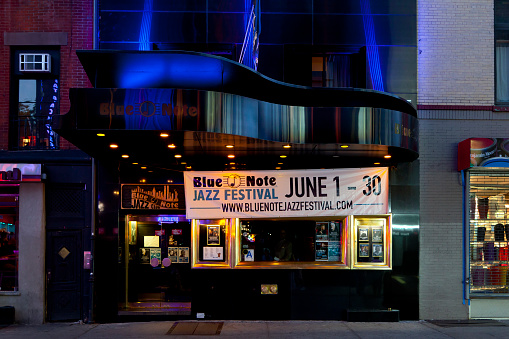 New York, NY, USA - June 7, 2014: Blue Note: Blue Note Jazz Club is a jazz club and restaurant located at 131 West 3rd Street in Greenwich Village, New York City. Blue Note is the most famous and prestigious Jazz Club in the world.
