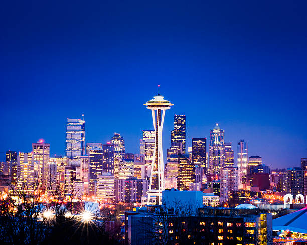 シアトルの夜の街並み - space needle ストックフォトと画像