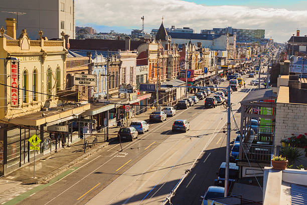 Sydney Road, Brunswick Sydney Road, the main thoroughfare of the suburb of Brunswick, Melbourne. high street shops stock pictures, royalty-free photos & images