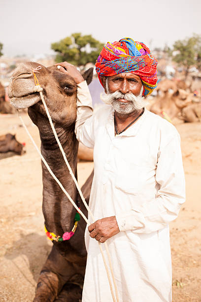 istock Senior Indian Man with Camel at Pushkar Camel Fair 542077032