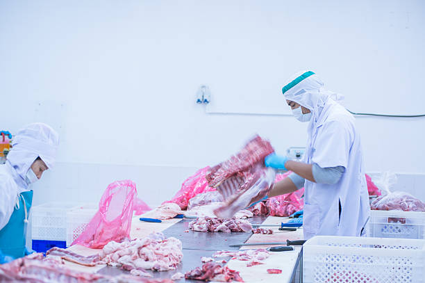 istock cutting meat slaughterhouse workers in the factory 542086490