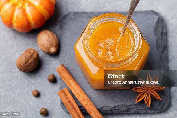 Pumpkin Confiture Jam Sauce With Spices Top View Stock Photo - Download Image Now - Pumpkin, Preserves, Marmalade