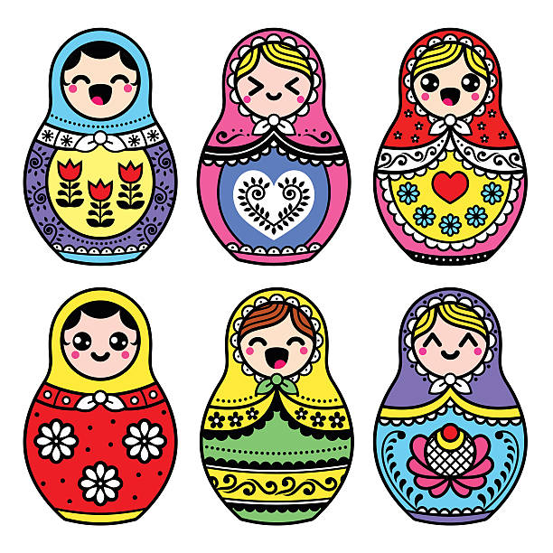 illustrations, cliparts, dessins animés et icônes de complètement kawaii joli poupée russe-matryoshka de figurines - figurine russian nesting doll russia russian culture