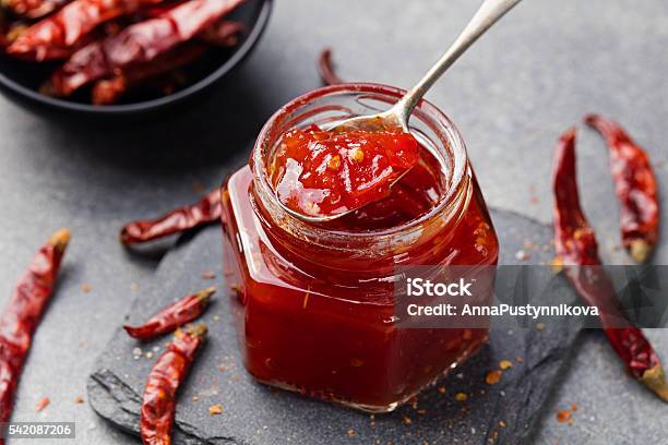 Tomato And Chili Sauce Jam Confiture In A Glass Jar Stock Photo - Download Image Now